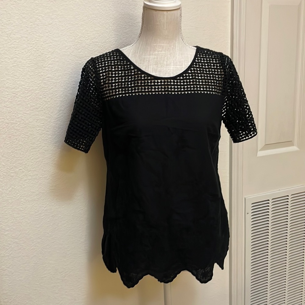 Black embroidered lace scalloped edge top